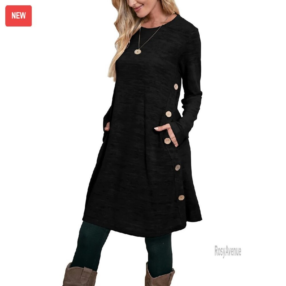 Long Sleeve Tunic Dress with Pockets, Buttons, Soft Fabric